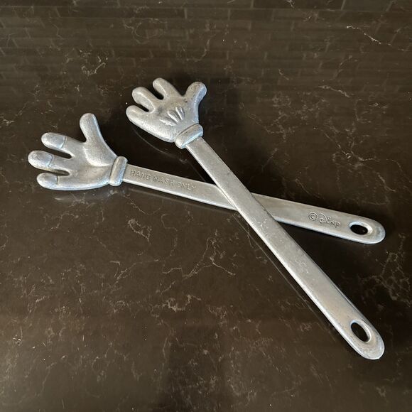 Vintage Disney Mickey Mouse Hands Cast Aluminum Salad Tongs Mixer Spoons Metal - Picture 1 of 8